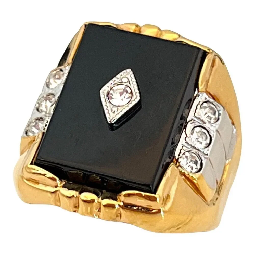 Vintage 1960s Uncas Black Onyx Ring Size 7  14K Gold Plate Art Deco Revival - 5J